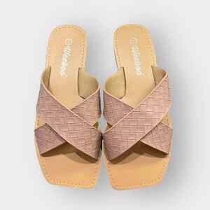 Weeboo Pink Braided Crisscross Square Toe Flat Sandals